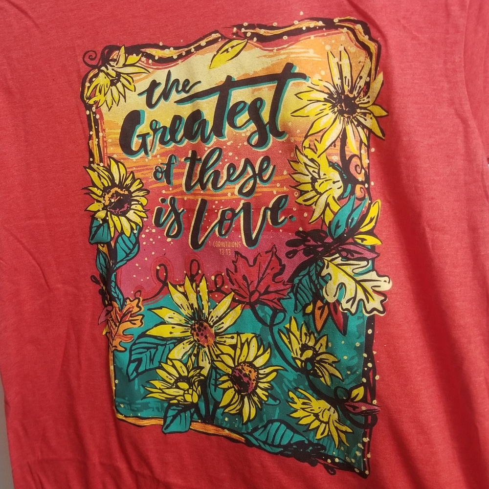 NWOT religious floral Love cotton-poly blend t-shirt - Picture 2 of 5